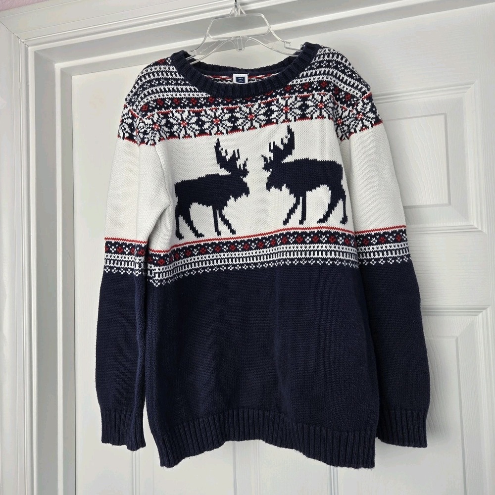 Janie And Jack Navy Moose Fair Isle Holiday‎ Sweater Boys Size 8 Cotton